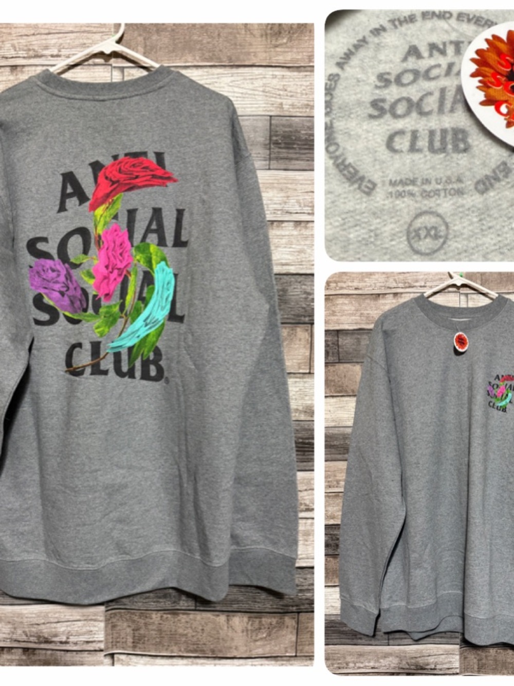 Anti Social Social Club Floral Sweatshirt Size XXL Gray Fleece Crewneck Pullover